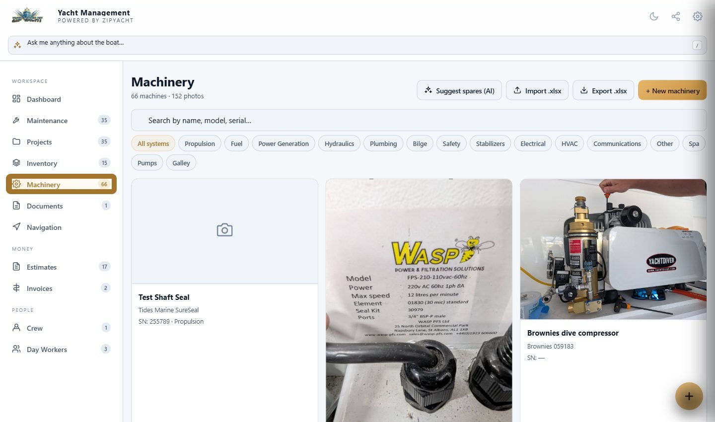 Zip Yacht Management machinery screen (real product screenshot)