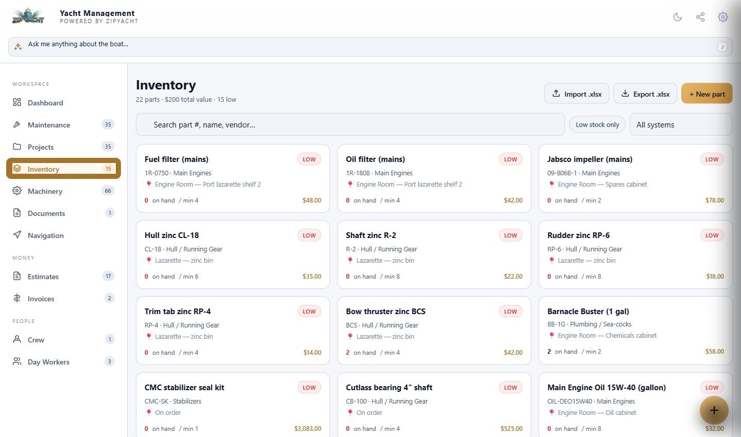 ZipYacht yacht management inventory screen showing parts, storage locations and low-stock alerts