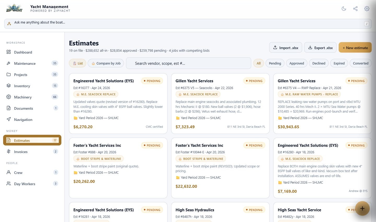 ZipYacht yacht management dashboard showing side-by-side repair estimates