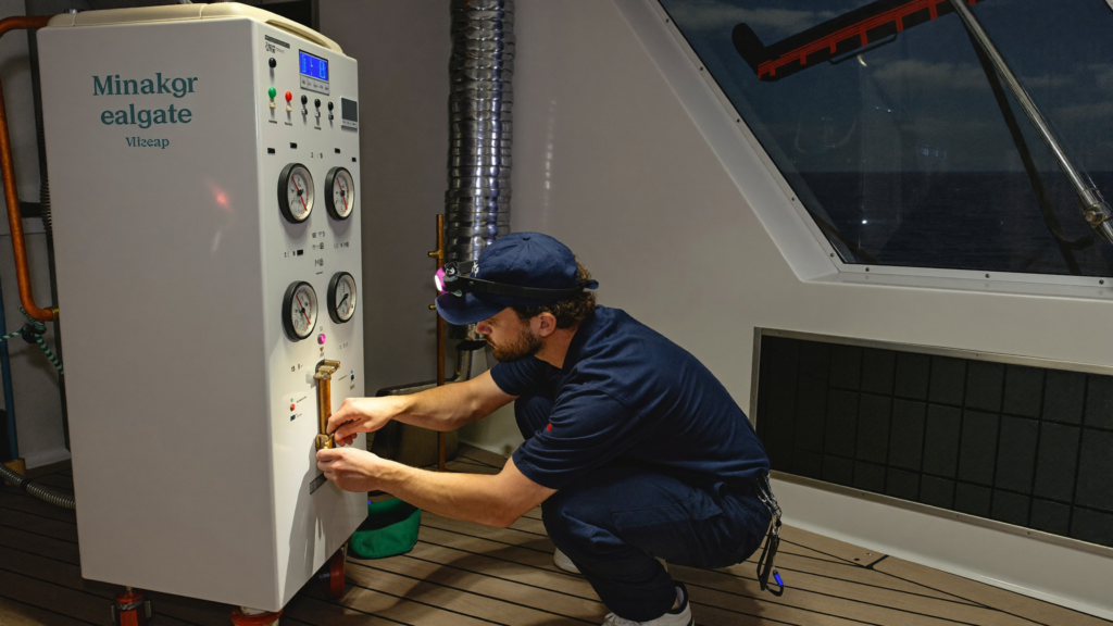 Yacht engineer servicing a marine air-conditioning chiller in the engine room