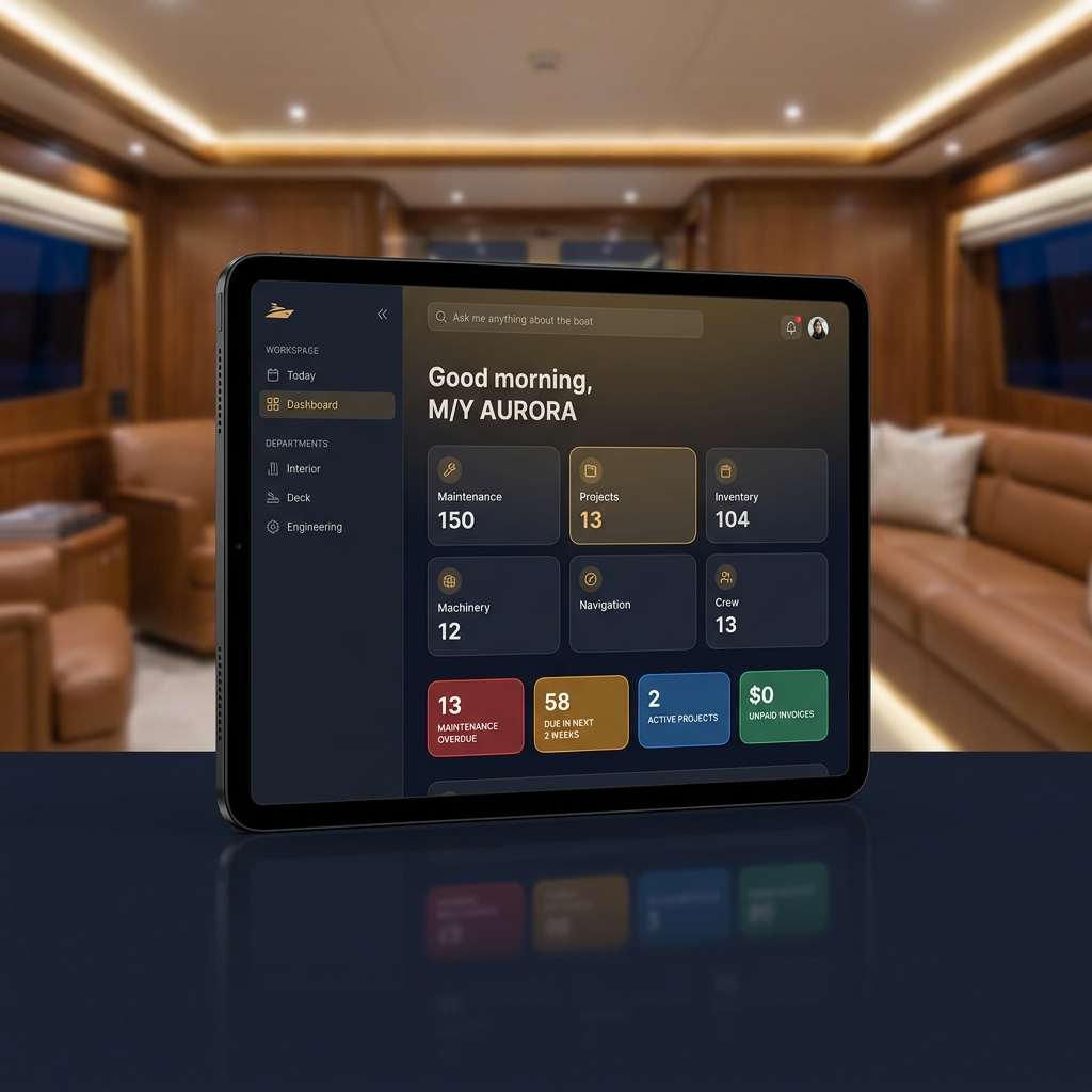 ZipYacht Yacht Management app dashboard shown on a tablet