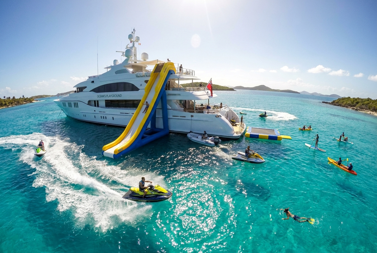 Superyacht loaded with water toys - jet skis, slides, tenders