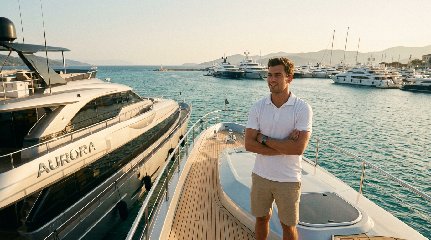 Young yacht crew member in a white crew polo on the deck of a luxury superyacht at golden hour