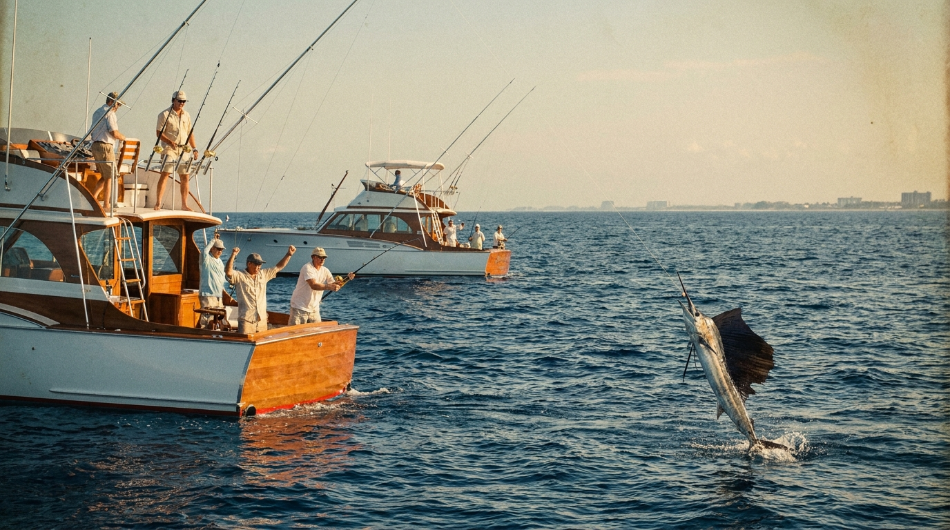 Sailfish jumping near a sportfishing boat during the Buccaneer Cup off Singer Island