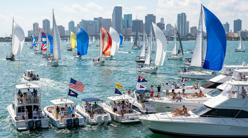 Sailboats racing on Biscayne Bay under blue skies during the Columbus Day Regatta