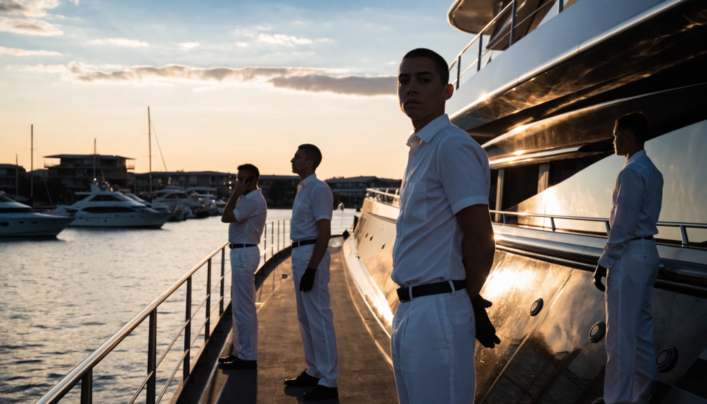 Professional yacht crew in white uniforms on the deck of a superyacht at sunset