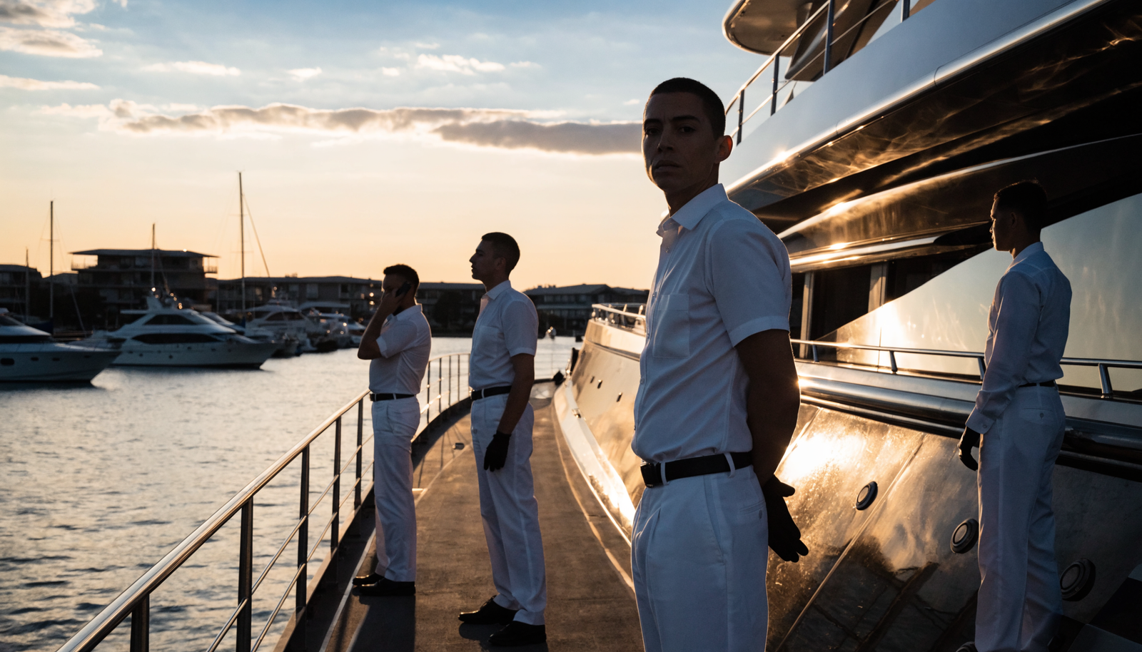 Professional yacht crew in white uniforms on the deck of a superyacht at sunset