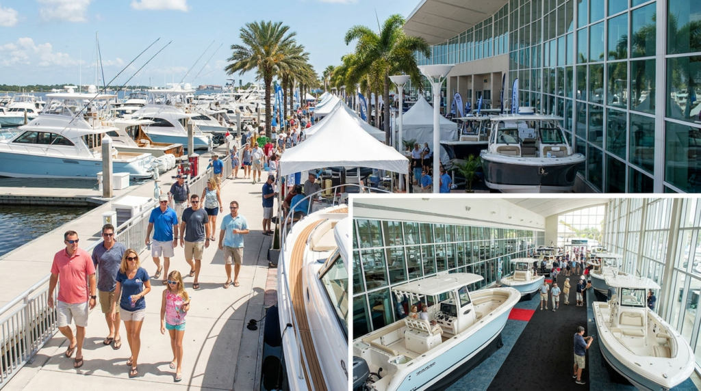 Powerboats and center consoles on display at the Daytona Boat Show in Daytona Beach, Florida