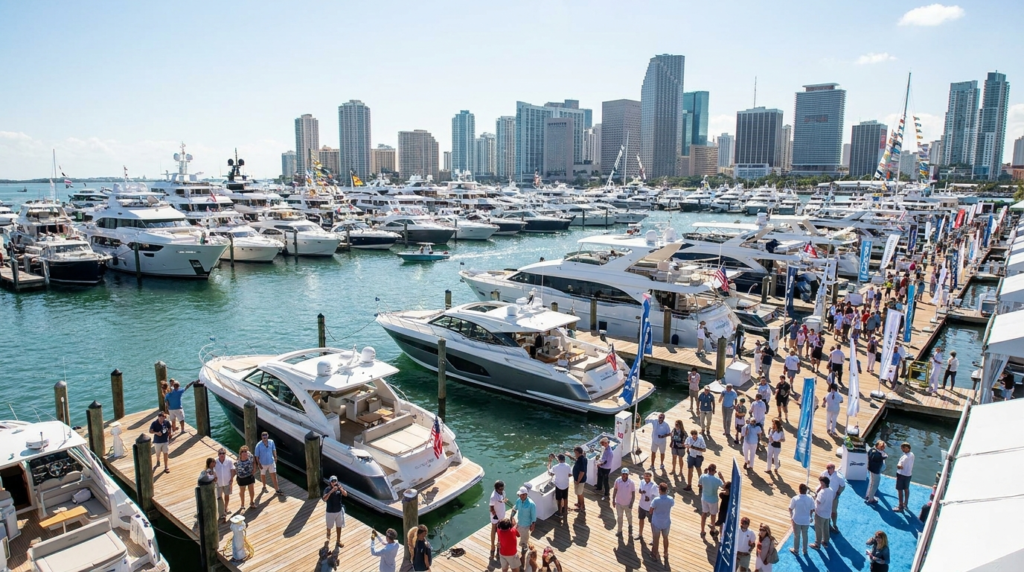 Rows of yachts and boats on display at the Miami International Boat Show waterfront