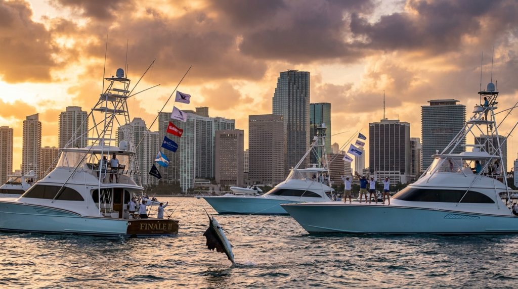 Sailfish leaping beside a sportfishing boat during the Final Sail Quest for the Crest tournament off Miami