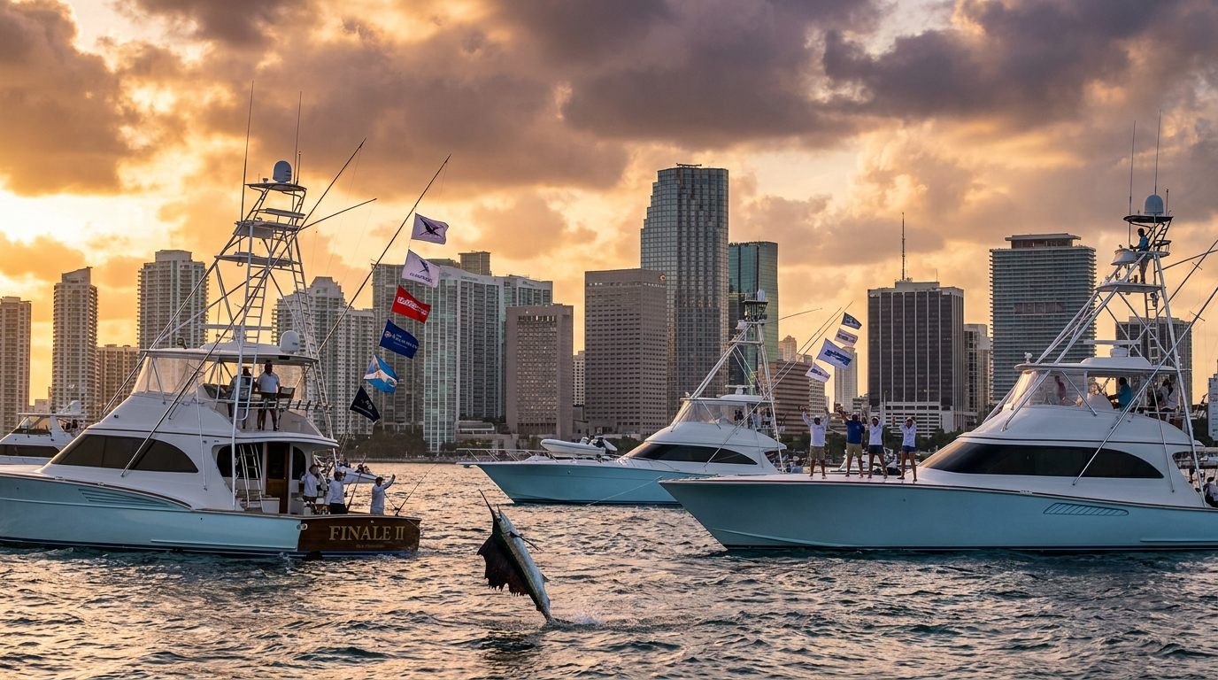 Sailfish leaping beside a sportfishing boat during the Final Sail Quest for the Crest tournament off Miami