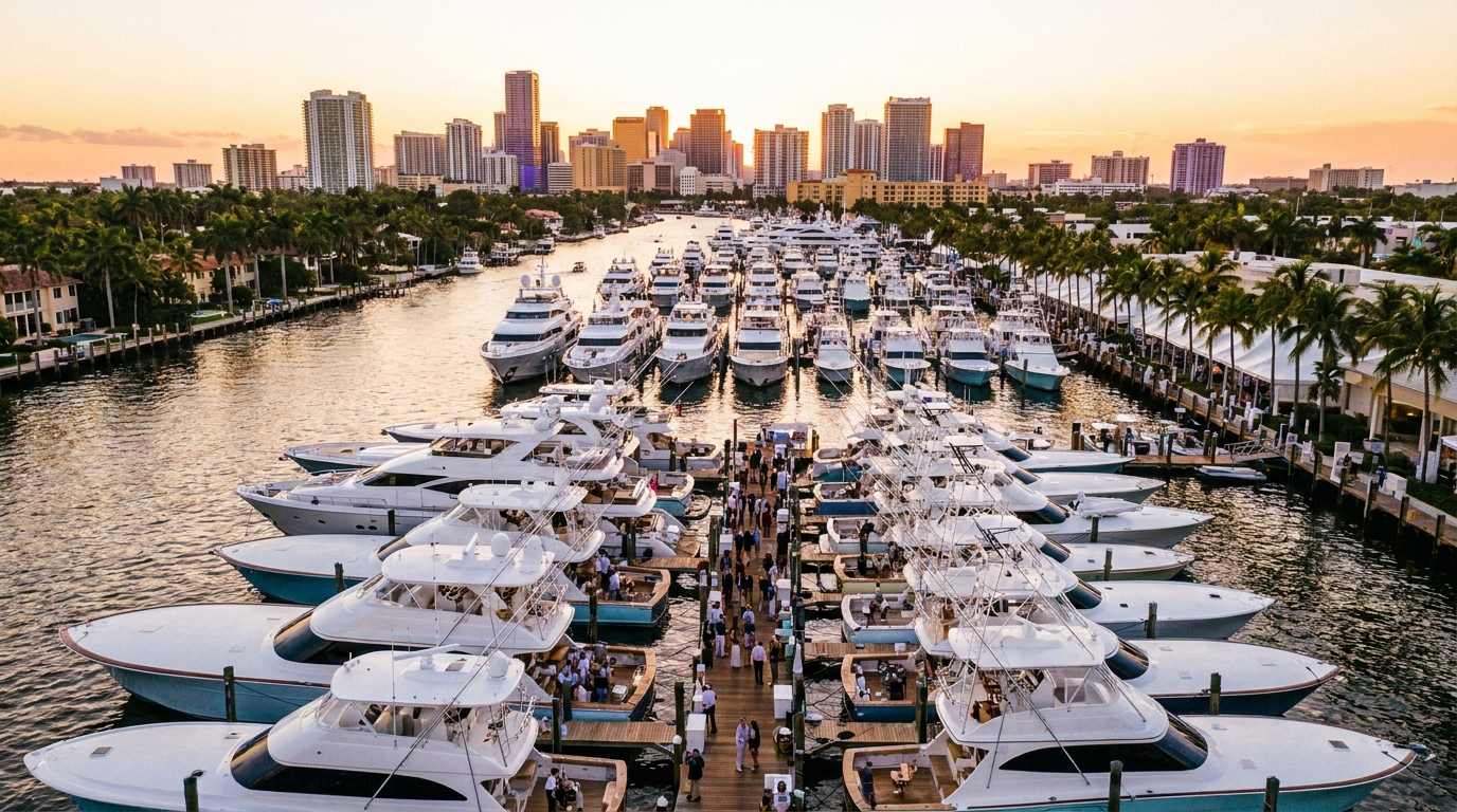 Superyachts docked along the Intracoastal at the Fort Lauderdale International Boat Show at golden hour
