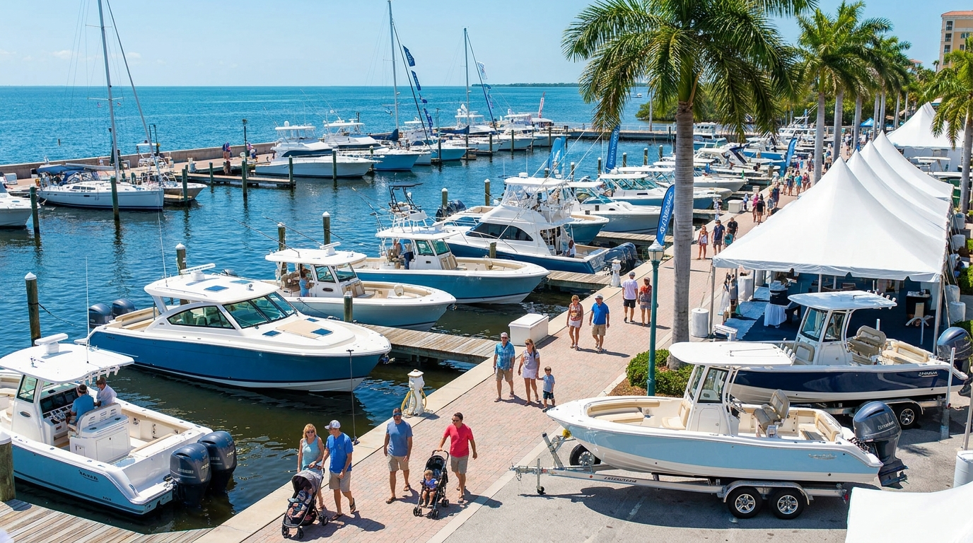 Boats on display along the Gulf Coast waterfront at the Fort Myers Boat Show in Florida