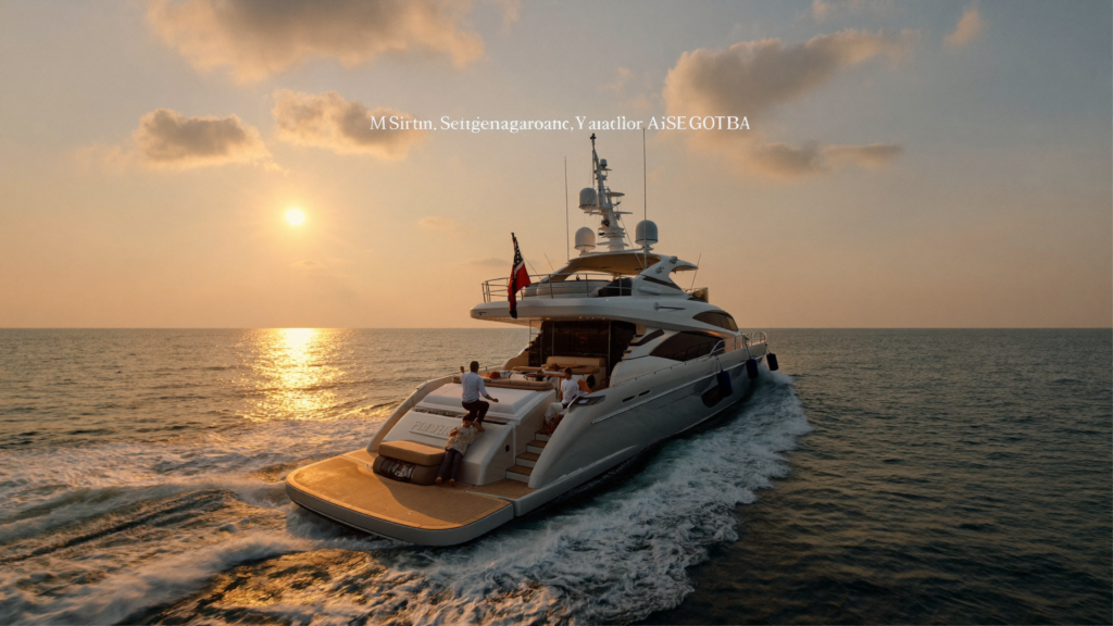 A yacht underway at golden hour with guests aboard, chartering instead of sitting idle