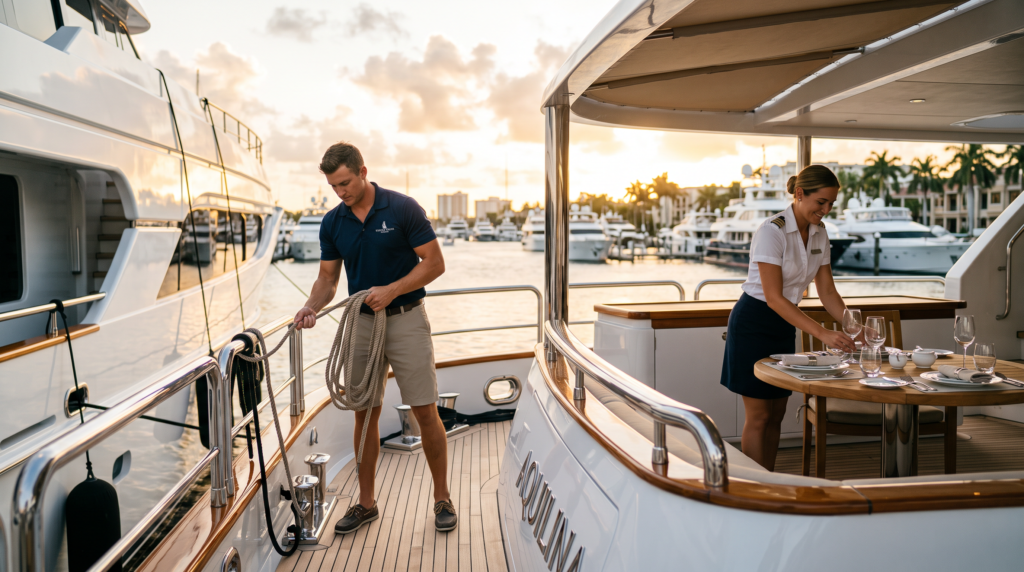 Professional yacht crew working the aft deck of a superyacht at golden hour in a Fort Lauderdale marina