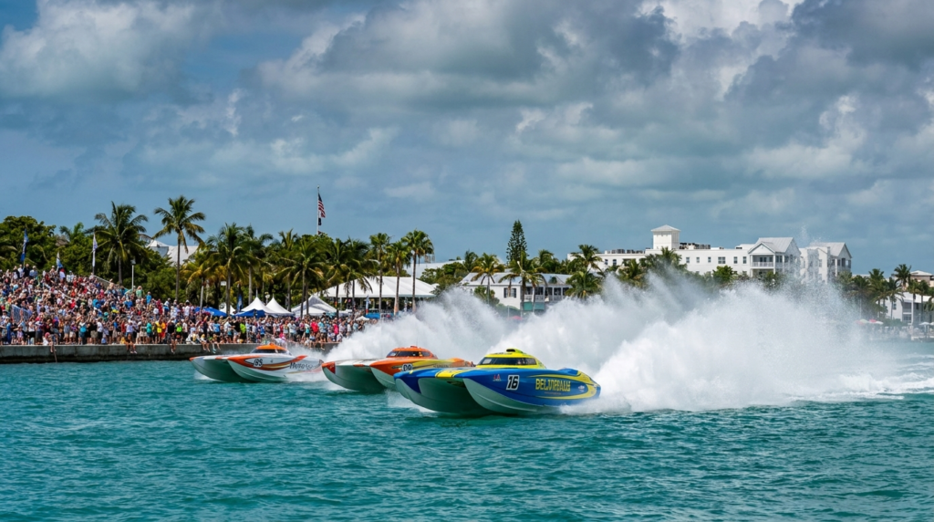 Offshore powerboats racing at high speed off Key West during the Race World Offshore World Championship