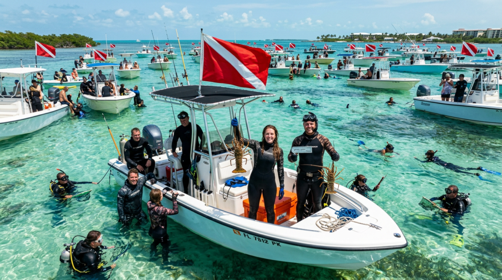 Divers loading lobster catch onto a boat during the Florida Keys sport lobster mini-season