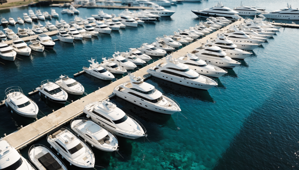 Aerial view of a large marina full of white luxury yachts in neat rows