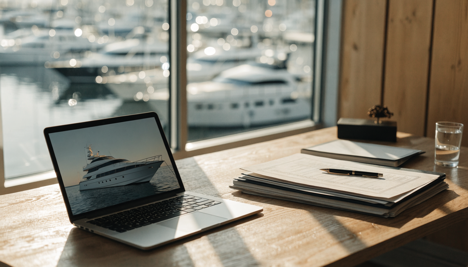 A marine insurance and finance advisor desk with documents and a laptop showing a yacht