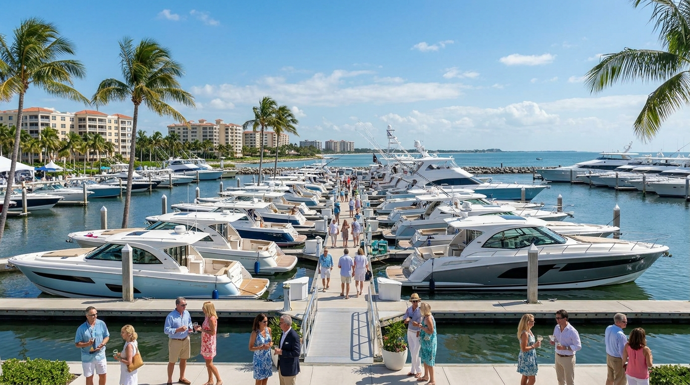 Upscale yachts and boats on display along the Gulf Coast waterfront at the Naples Boat Show