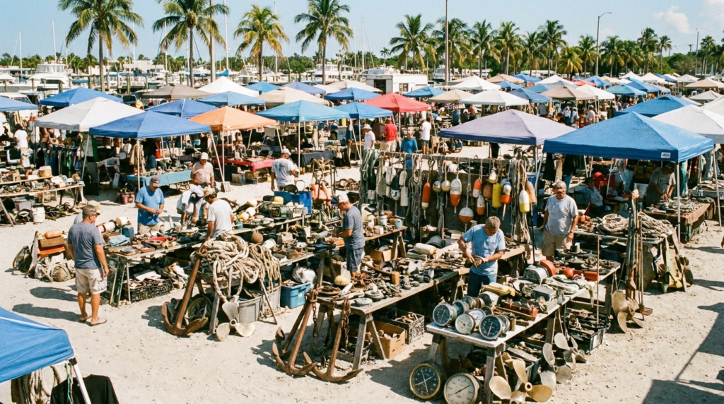 Vendor tables filled with marine gear and boat parts at a nautical flea market