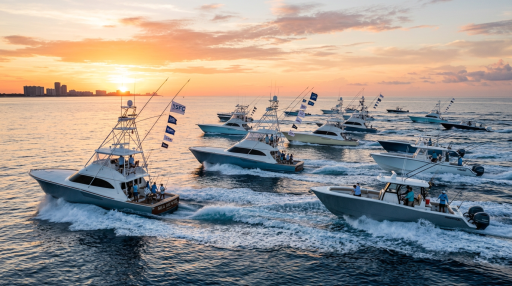 Sportfishing fleet heading offshore at sunrise for the Operation Sailfish tournament off South Florida