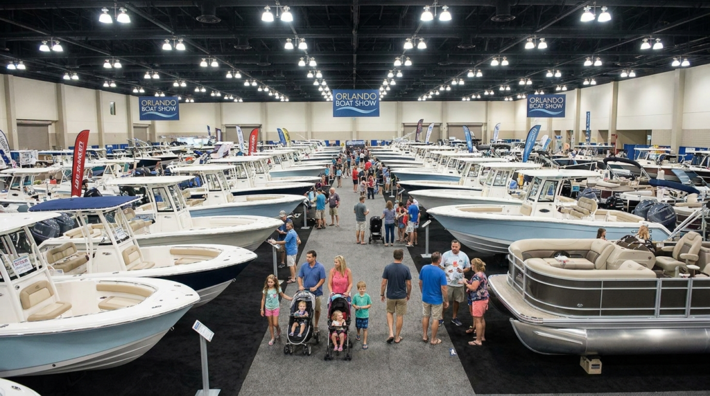 Boats displayed indoors at the Orlando convention center during the Orlando Boat Show