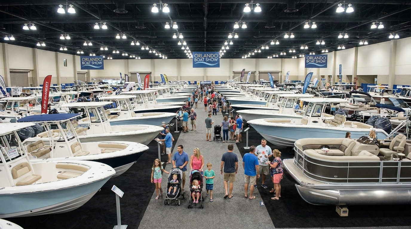 Boats displayed indoors at the Orlando convention center during the Orlando Boat Show