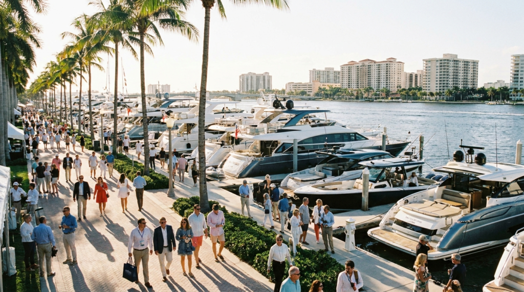 Superyachts docked along Flagler Drive at the Palm Beach International Boat Show