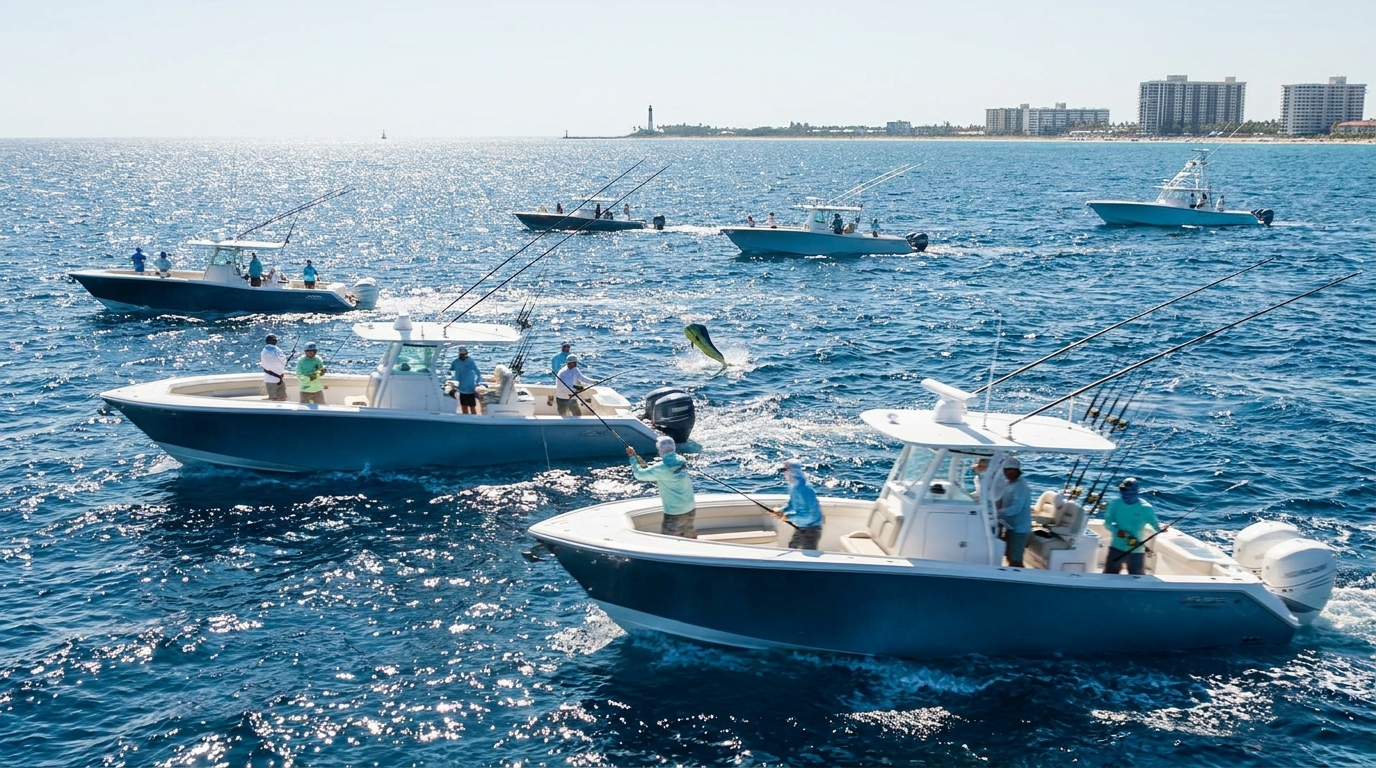 Sportfishing boat with fresh dolphin, wahoo and kingfish catch at the Pompano Beach Saltwater Showdown