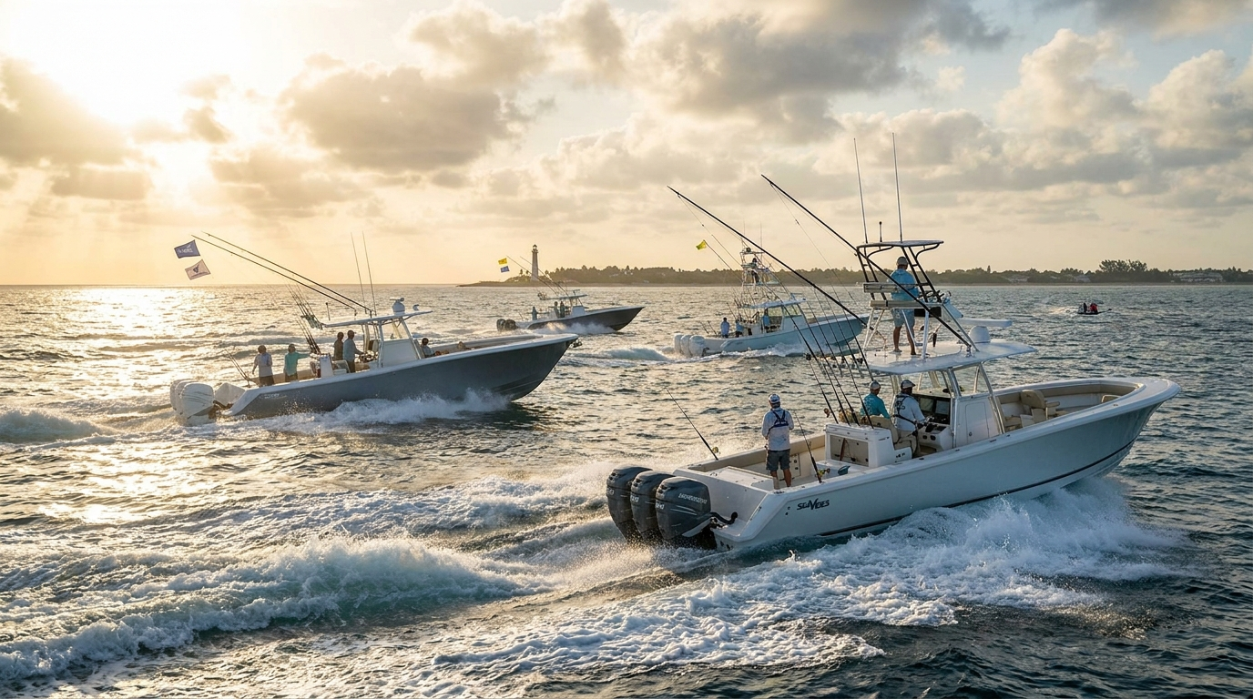 Offshore sportfishing boat running out for the Pompano Beach Saltwater Slam tournament