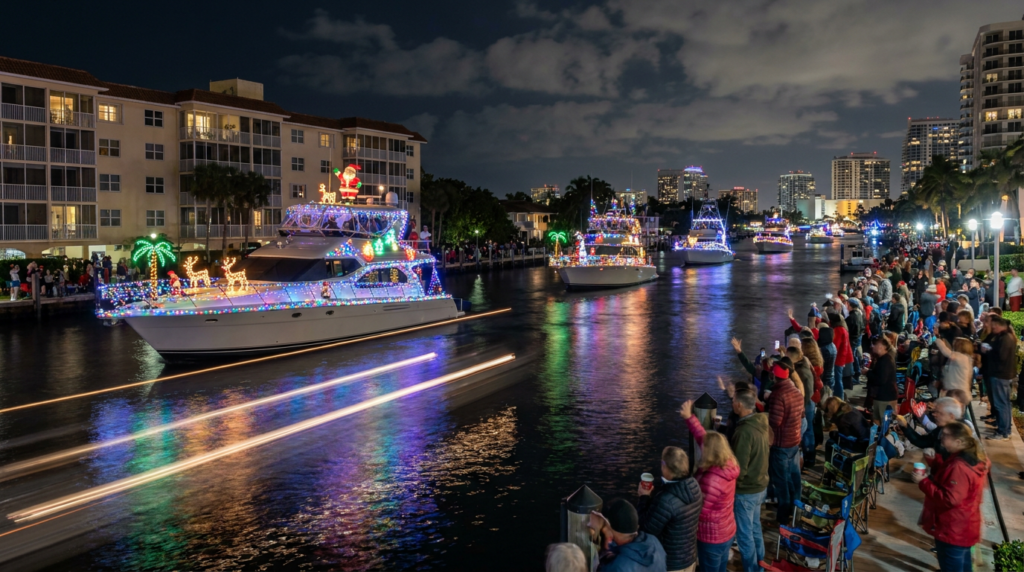 Illuminated decorated yachts cruising Fort Lauderdale's Intracoastal at night during the Winterfest Boat Parade