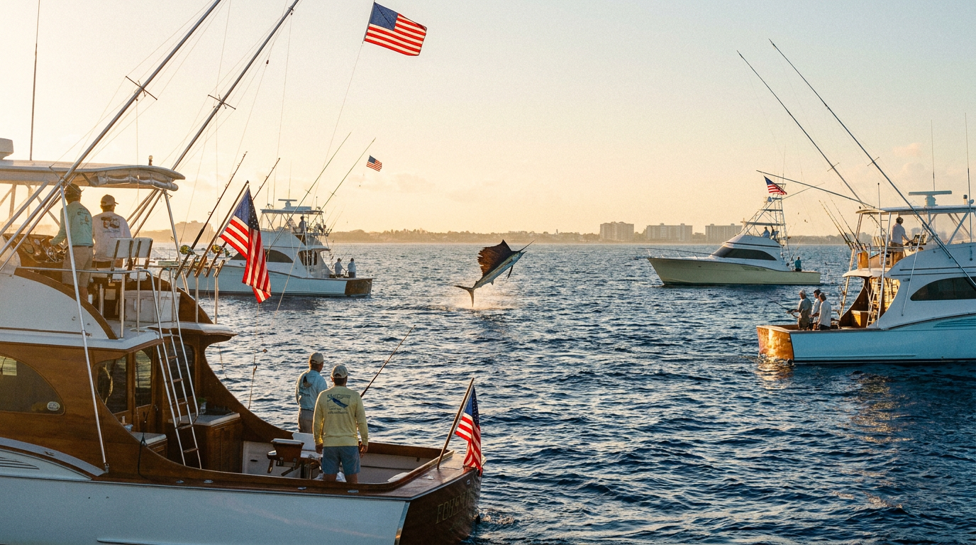 A sailfish leaping beside a sportfishing boat off West Palm Beach during the Silver Sailfish Derby