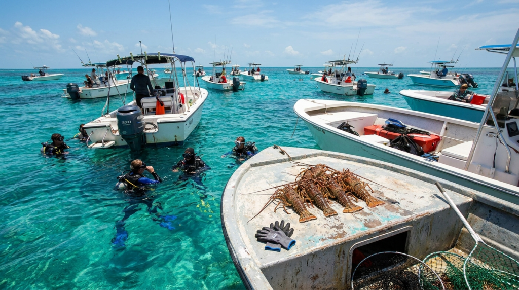 Diver holding a Florida spiny lobster in clear Keys water as spiny lobster season opens