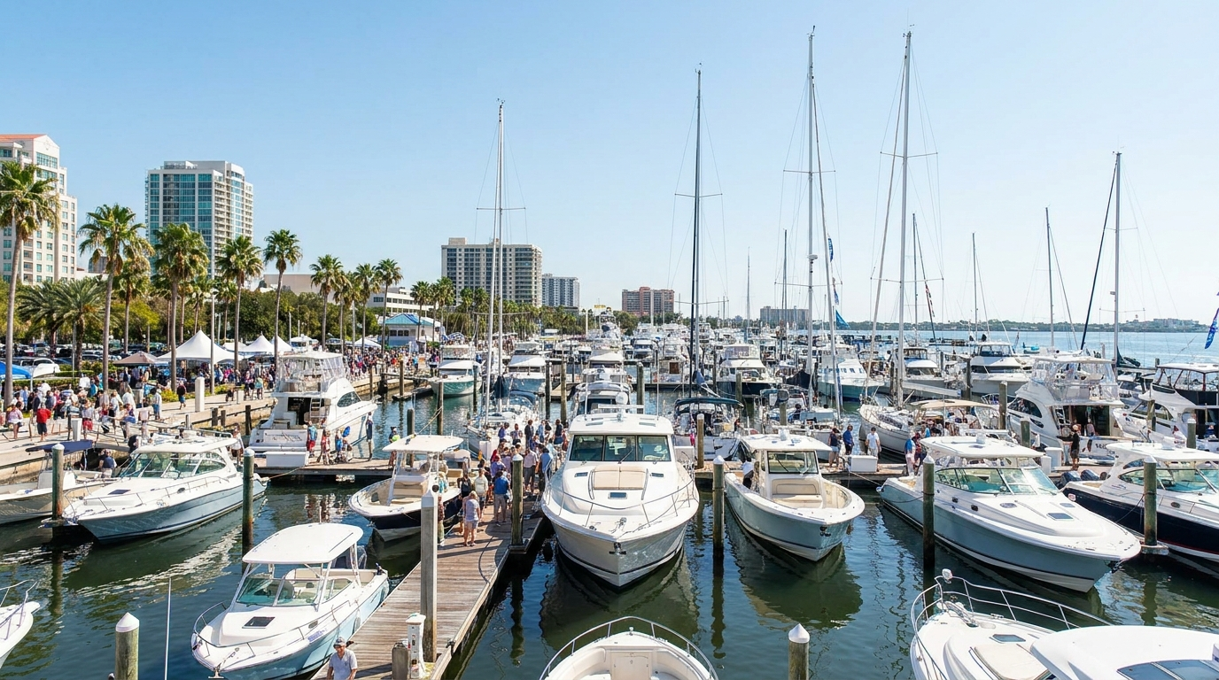 In-water power and sailboats docked in downtown St. Petersburg for the Power & Sailboat Show