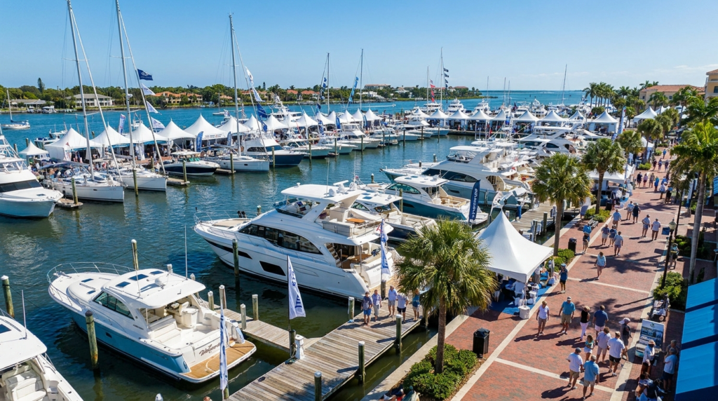 Boats and exhibitors lining the waterfront at the Stuart Boat Show on Florida's Treasure Coast