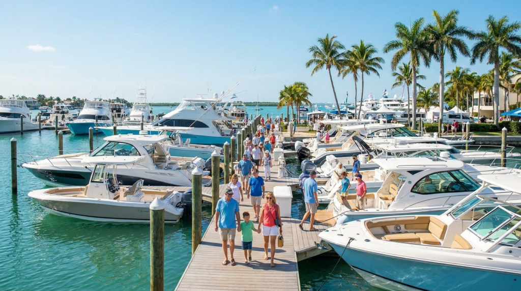 Boats on display at the Suncoast Boat Show on Florida's Gulf Coast in Sarasota
