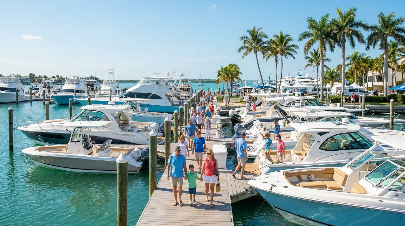 Boats on display at the Suncoast Boat Show on Florida's Gulf Coast in Sarasota