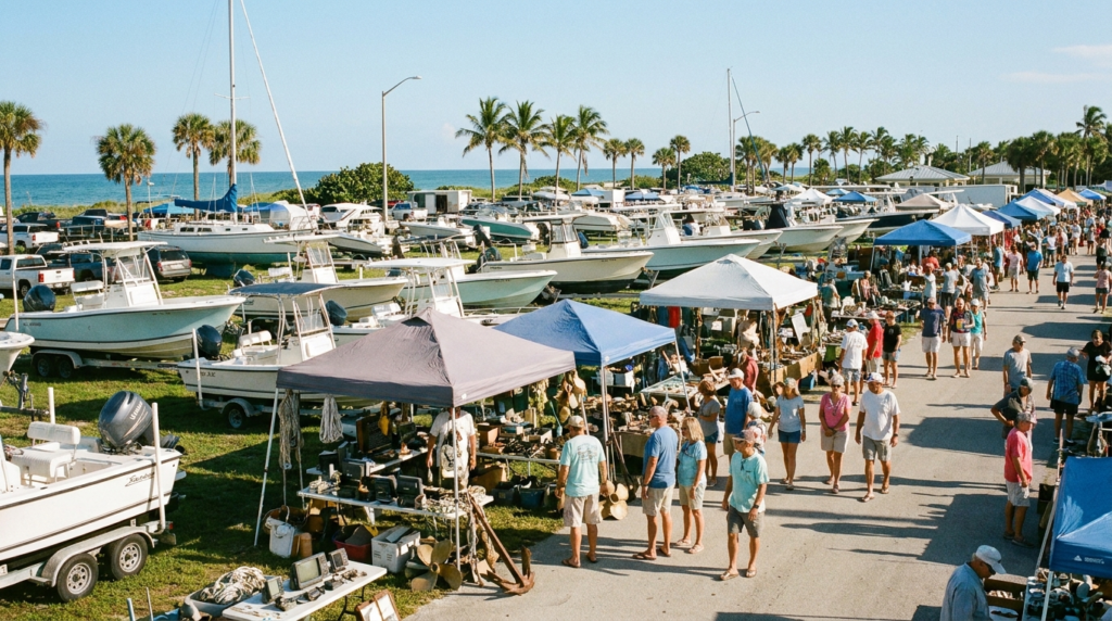 Rows of used boats and marine gear at the Treasure Coast Marine Flea Market and Boat Sale in Florida