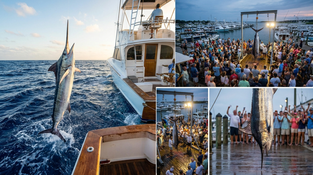 A white marlin leaping beside a sportfishing boat during the White Marlin Open billfish tournament
