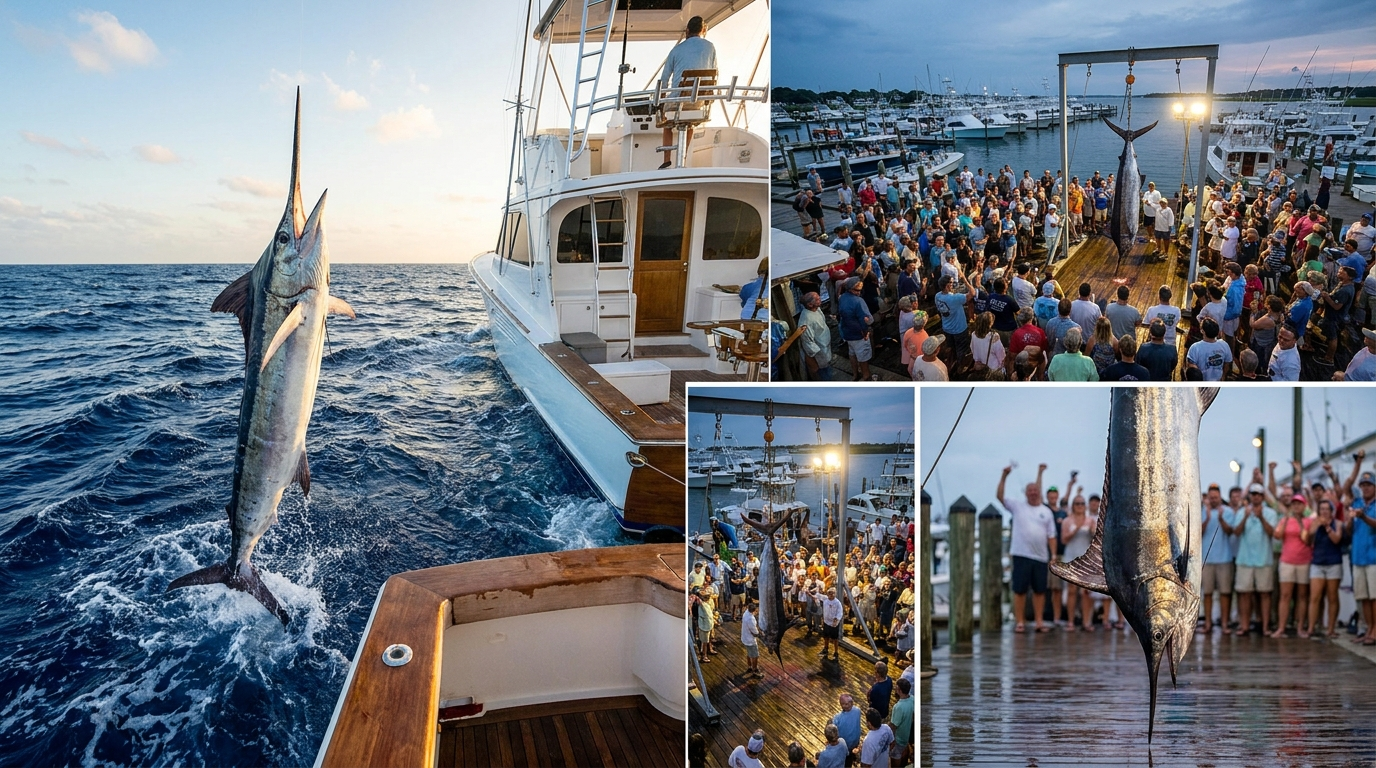 A white marlin leaping beside a sportfishing boat during the White Marlin Open billfish tournament