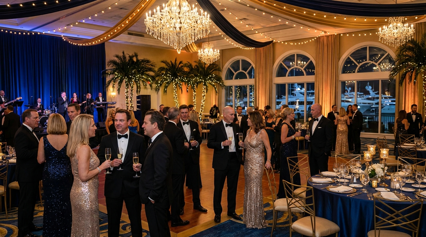Elegant guests in formalwear at the Winterfest Black Tie Ball gala at Seminole Hard Rock