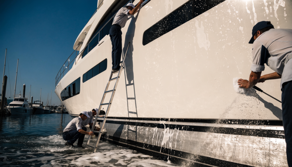 Yacht crew washing and detailing the gleaming white hull of a megayacht
