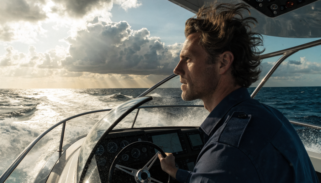 A professional yacht delivery captain at the helm of a motor yacht underway on the open ocean