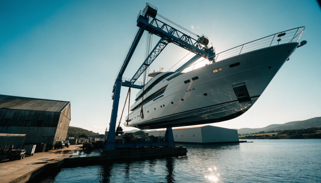 A large white motor yacht suspended in a blue travel-lift crane at a boatyard