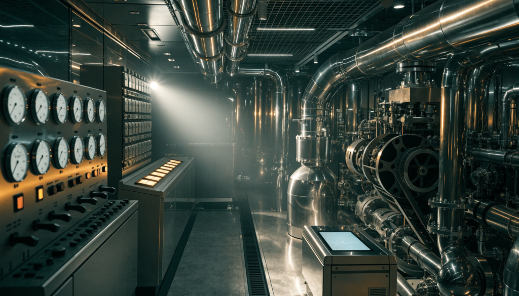Spotless superyacht engine room with gleaming machinery and pipes