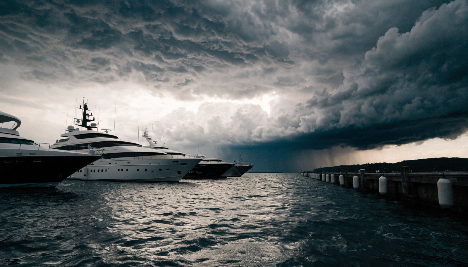 Luxury yachts moored at a marina under a dramatic darkening hurricane sky