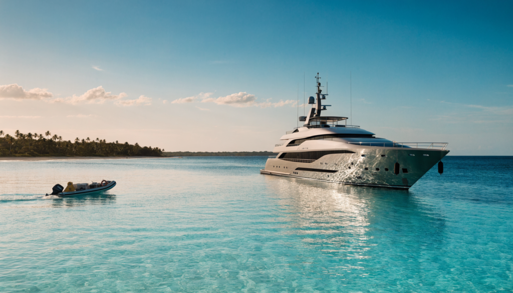 A superyacht anchored in a remote turquoise lagoon with a tender approaching