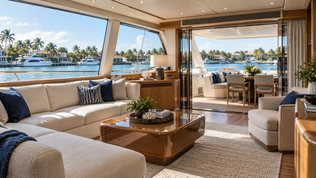 AI illustration of a bright yacht salon with teak joinery and a discreet marine air-conditioning grille.