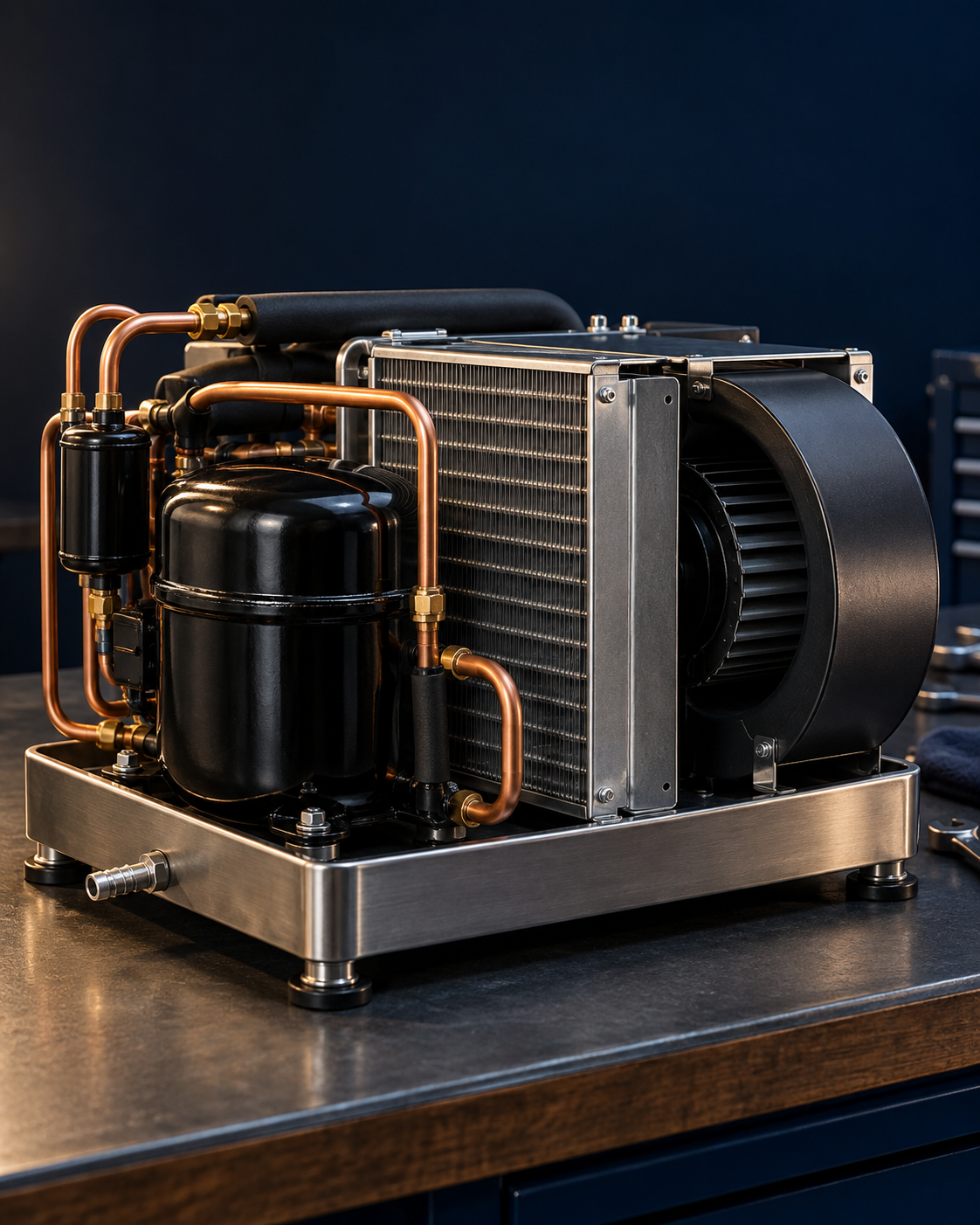 AI illustration of a compact marine air conditioner on a workshop bench.